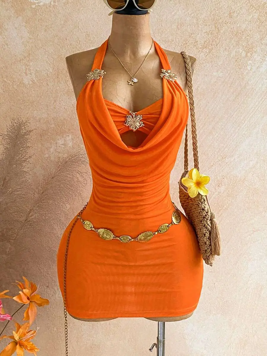 Women's Halter Backless Metallic Floral Decor Mini Dress,Orange Summer 70s Night Out Party Dress,Elegant Beach Vacation Festival Outfits