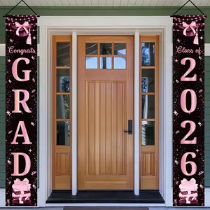 Congrats Grad Class of 2026 Porch Banner, Bow Graduation Decorations, Blush Graduation Door Sign, 2026 Graduate Party Decor, 71 X 12 Inches