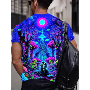 Men's 3D Printed Neon Glow-in-the-Dark T-Shirt - Psychedelic Retro 60s/70s Inspired Cosmic Design with Glowing Back Print, Machine Washable Crew Neck Short Sleeve Summer Top for Outdoor Parties & Casual Wear