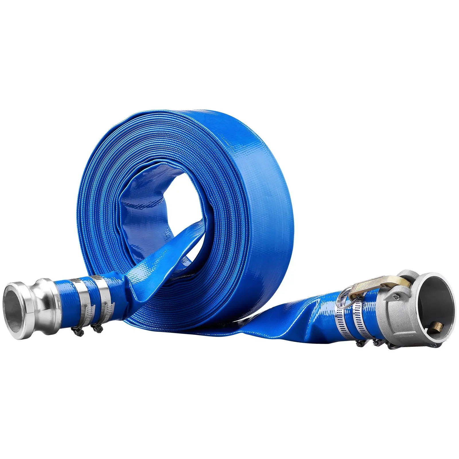 Backwash Hose 2-Inch By 50-Foot Heavy-Duty PVC Flat Pool Discharge Hose With Aluminum Camlock C And E Fittings, Clamps, Compatible With Pumps And Sand Filters, Waste Water Drain For Swimming Pools, Blue