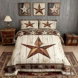 Feelyou Queen Size Microfiber Comforter Set - Rustic Farmhouse Decorative Bedding Set, Lightweight Duvet with Digital Grey Wooden Plank & Star Print for Kids' Room