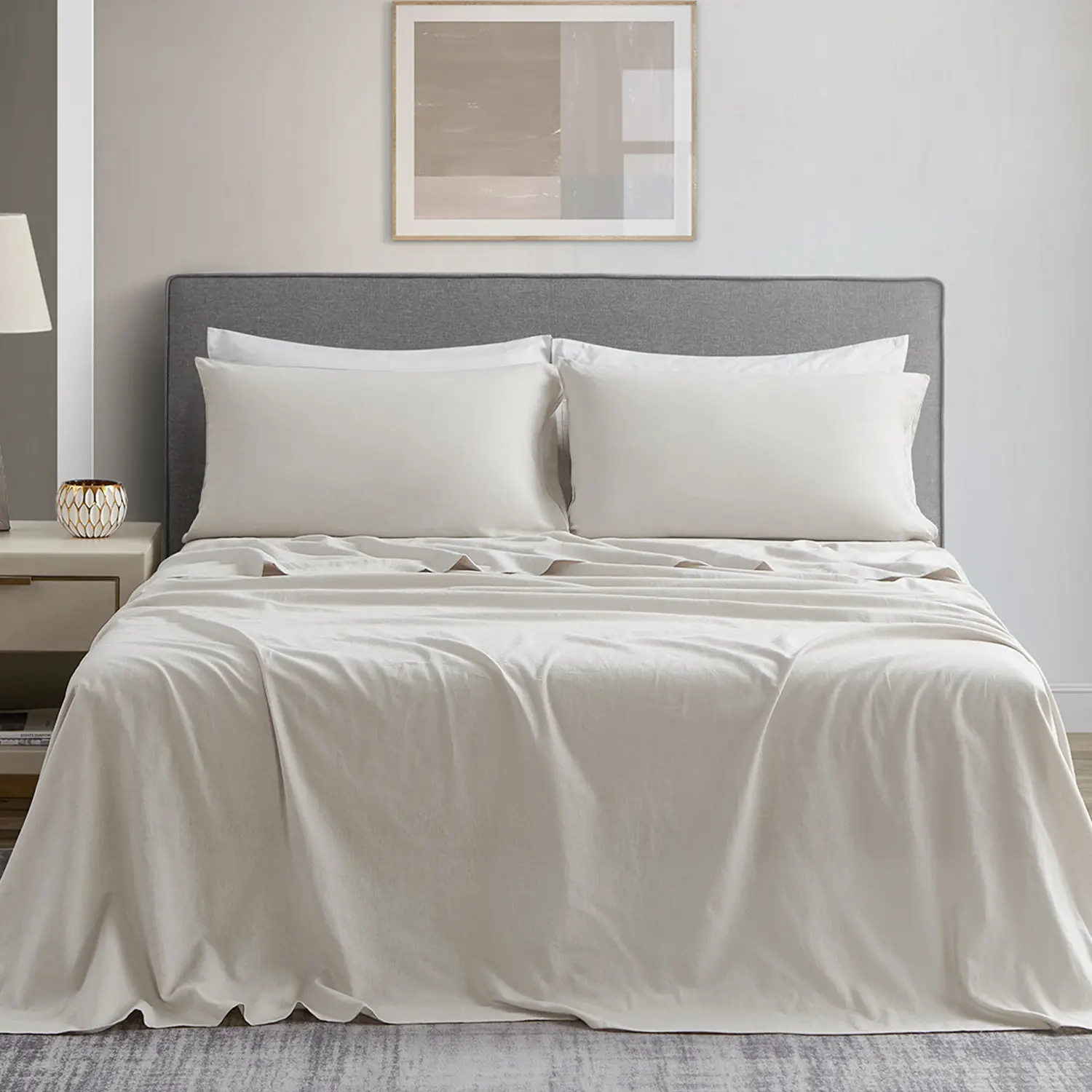 DAPU Linen Cotton Blend Sheets Set Soft Breathable Hypoallergenic Solid Color Bedding for Hot Sleepers Includes Flat Sheet, Fitted Sheet and Pillowcases
