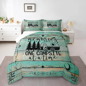 Feelyou RV Camper Comforter Set - Happy Camping Theme, Country Rustic Farmhouse Bedding, Vintage Wooden Barn Doors Design, Lightweight Warmth, Multi-Size, RV Camper-Friendly for Kids