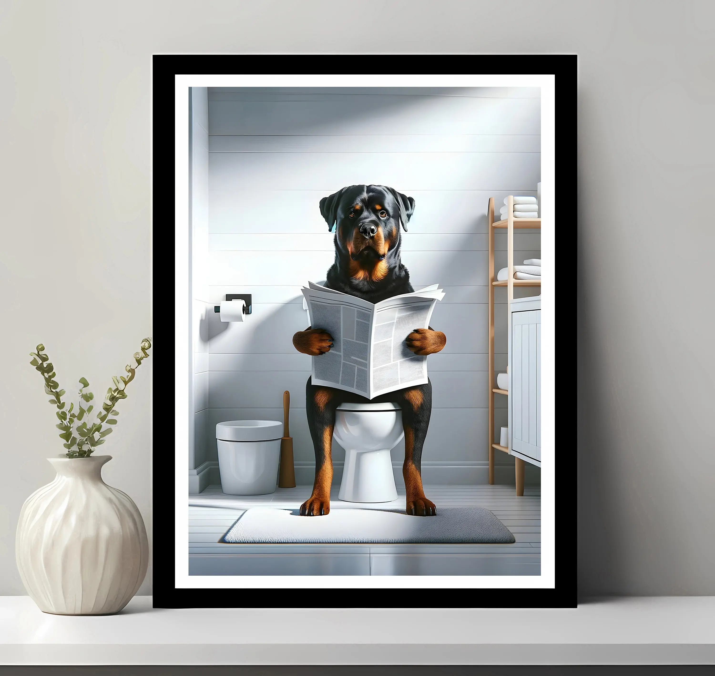 Rottweilerr Wall Art, Funny Bathroom Decor, Rottweiler In Toilet, Animal In Toilet, Petshop Art, Dog Art, Rottweiler Gift