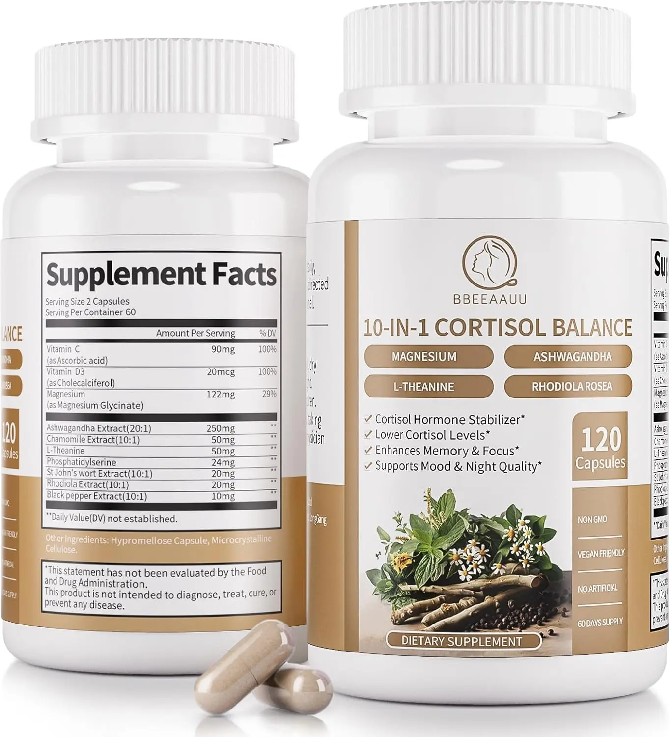 Cortisol Supplements for Women and Men, 10-in-1 Cortisol Reducer Manager Detox with Ashwagandha, Magnesium & L-Theanine, Lower High Cortisol Levels, Relaxation & Night Support, Non-GMO, 120 Capsules