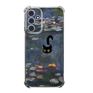 Black Cat & Lotus Pond Pattern Phone Case For SAMSUNG GALAXY A14 A15 A16 A25 A26 A34 A35 A36 A53 A54 A55 A56 4G 5G Gift Ideas Anti-drop Cellphone Protective Case Soft Transparent Shockproof Mobile Phone Cover