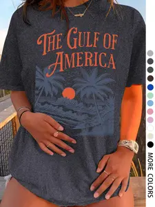 Women's Beach Coconut Tree Print Round Neck T-Shirt, Casual Loose-Fitting Summer Top, Fashionable Daily Wear for Outdoor Activities, Everyday