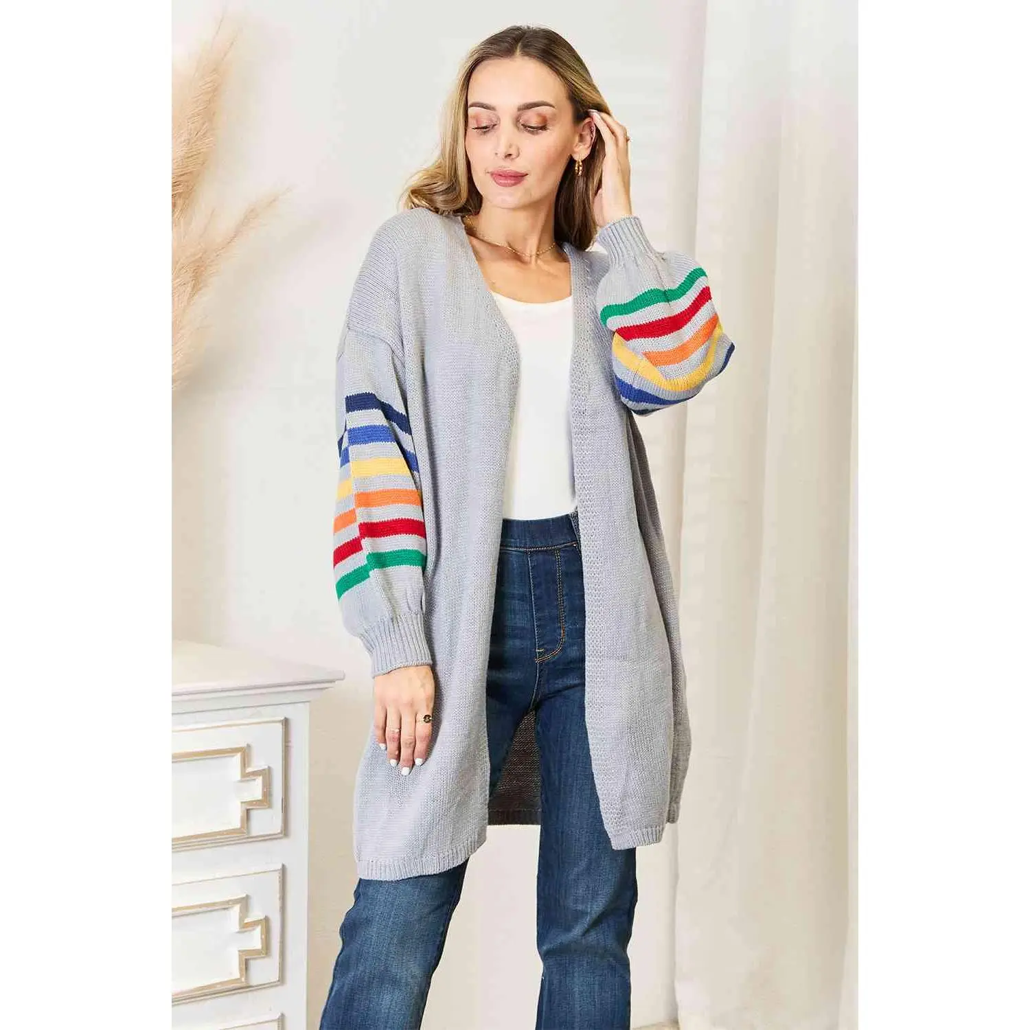Double Take Multicolored Stripe Open Front Longline Cardigan