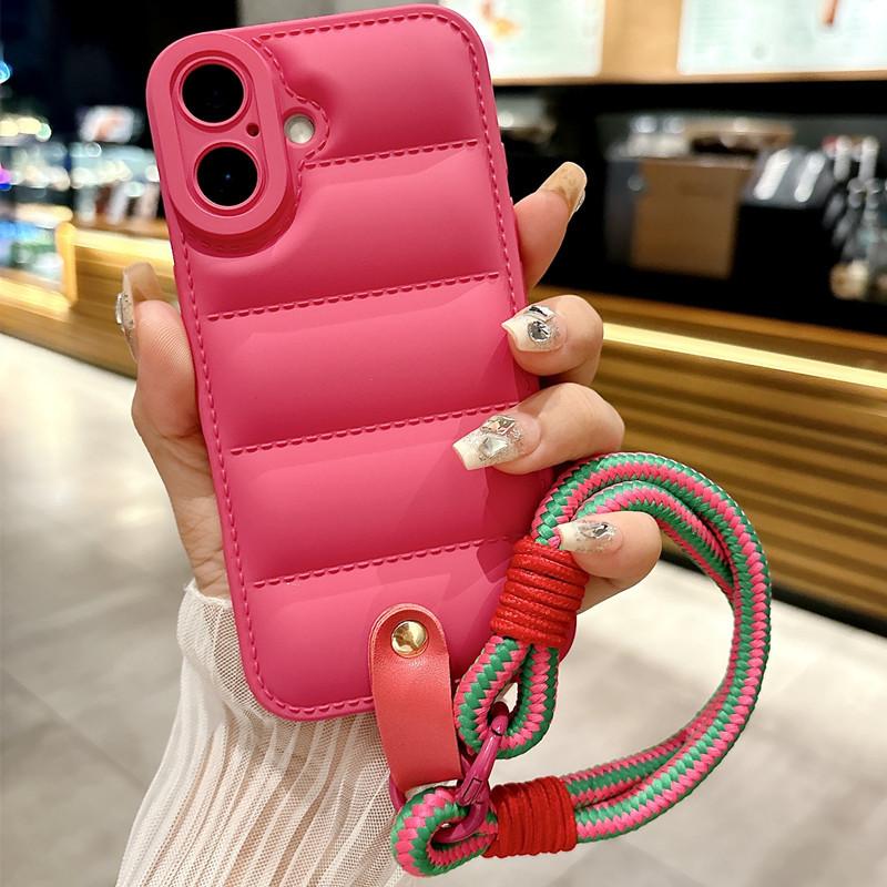 Luxury Liquid Down Jacket iPhone Case with Hand Strap | Oil Coated Protective Cover for iPhone 16 15 14 13 12 11 XR 7 8