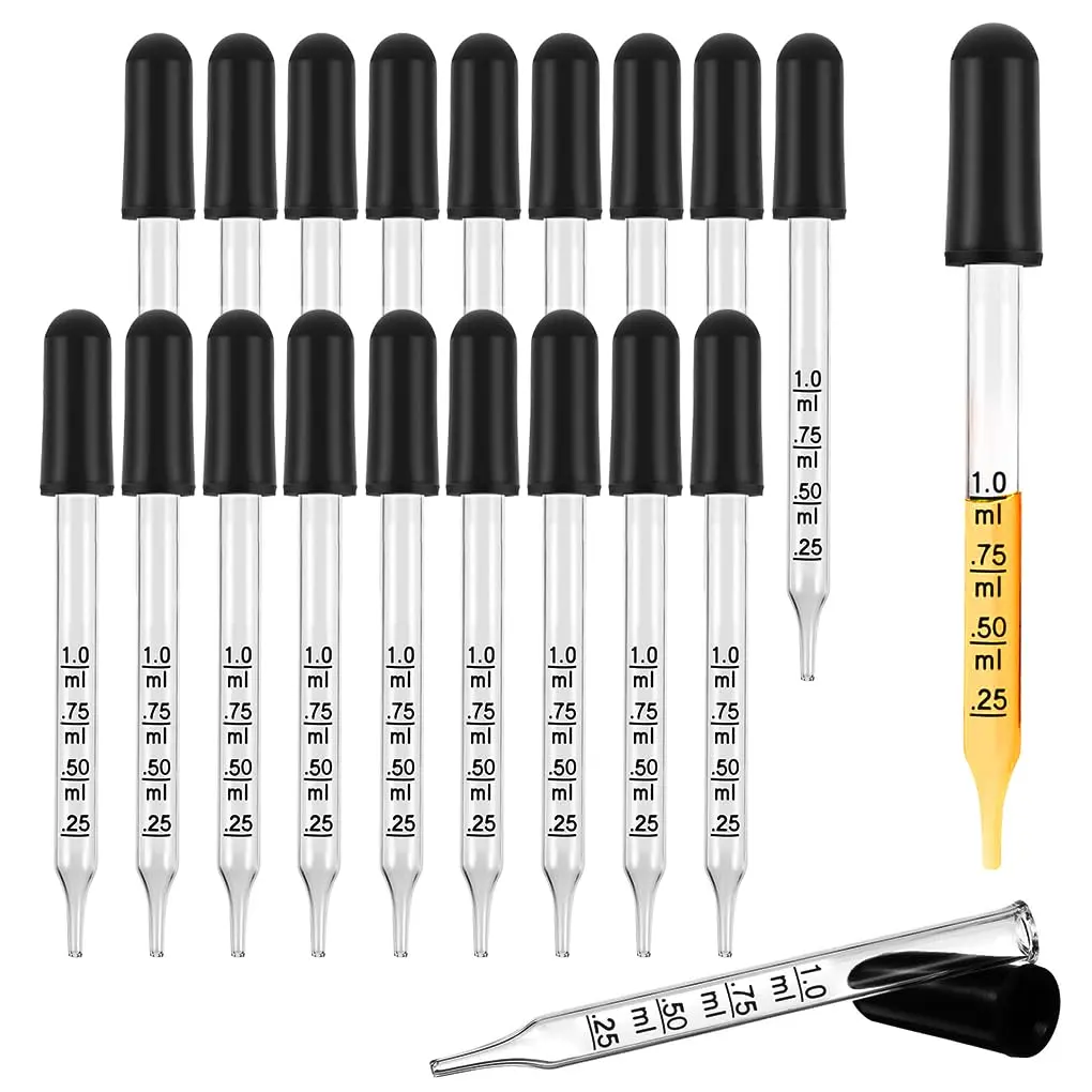 20 piece Glass Pipette Dropper with Black Rubber Head 1ml Dropper for Liquid Essential Oils for Mixing Paints, Lab Use, Animal Feeding