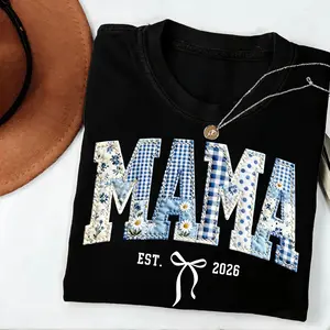 Mama Est 2026 Shirt, Floral Faux Patchwork Mama Tee With Bow, New Mom Pregnancy Announcement Gift, Baby Shower Gift, Mother's Day