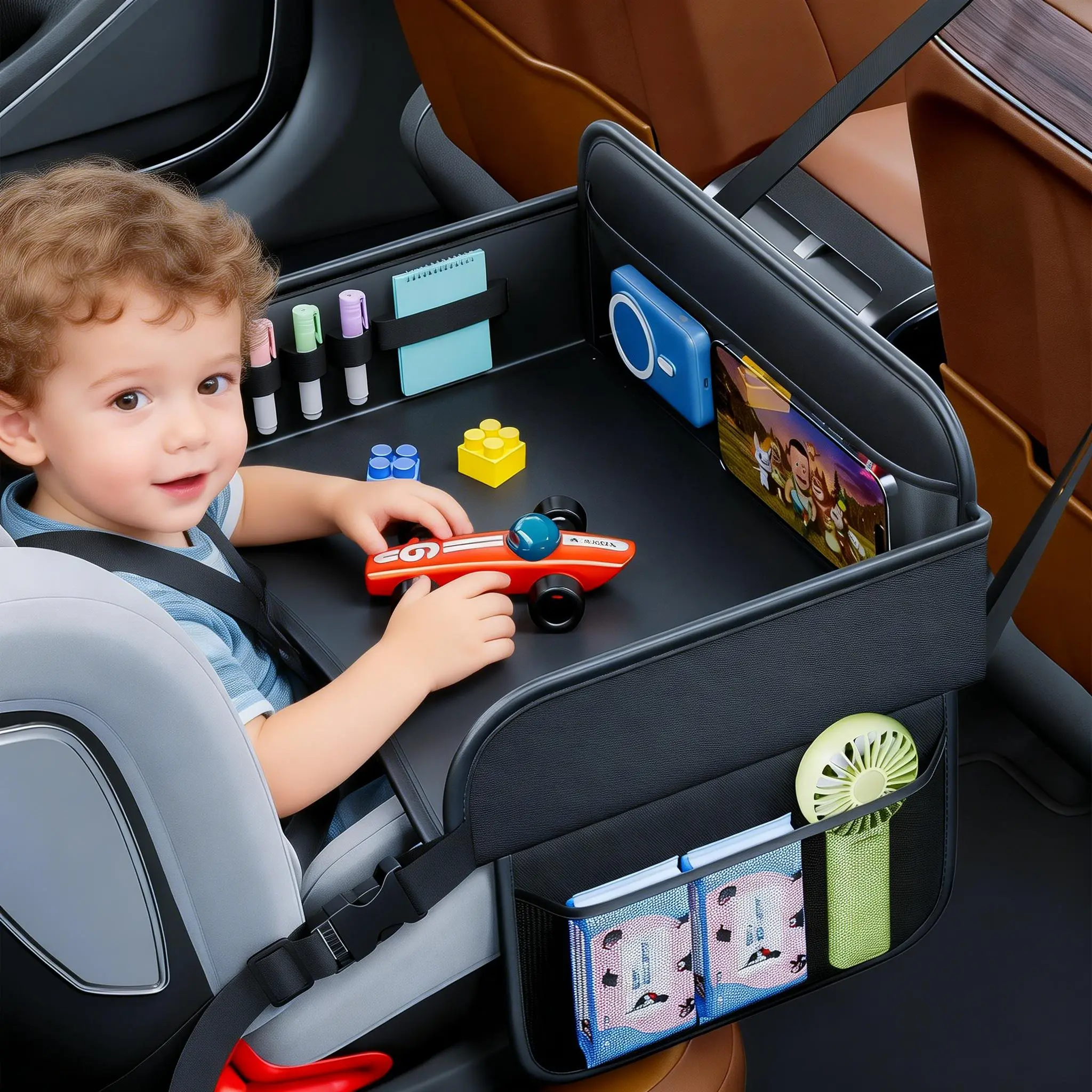 Kids Travel Tray for Toddler Car Seat, Road Trip Activities for Kids with iPad iPhone Holder Stand and Erase Board, Roadtrip Essentials Accessories Lap Tray as Trave Gifts for Kid