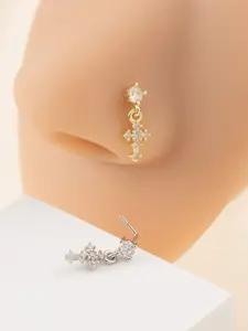 Elegant L-Shaped Cross Rhodium Plated Nose Stud, Micro-Inlaid Zirconia Design, Fashionable Unisex Body Jewelry Accessory, Nose Piercing Jewelry