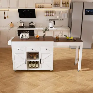 74.8 Inch Kitchen Island with Extendable Dining Table & Power Outlet, Rolling Kitchen Storage Cart on Wheels, Equipped with 3 Drawers and 2 Door Cabinet, Perfect for Dining Room Kitchen Small Space Organization