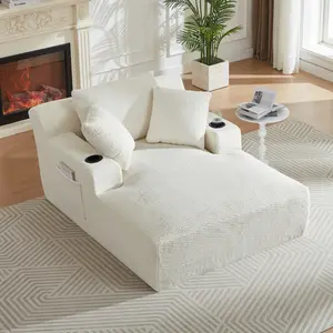 66" Boneless Chaise Lounge Sofa Chair with Cup Holders, Oversized Sleeper Sofa w/ 3 Soft Pillows, Compressed Sofa Bed for Indoor, Living Room, No Assembly Required, White