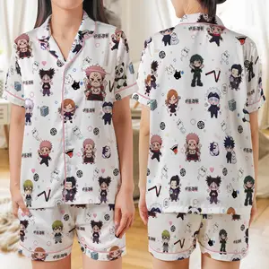 Juju1su Ka1sen Satin Pajama Set, Cute Anime Chibi Pjs, Anime Fan Sleepwear JJK002