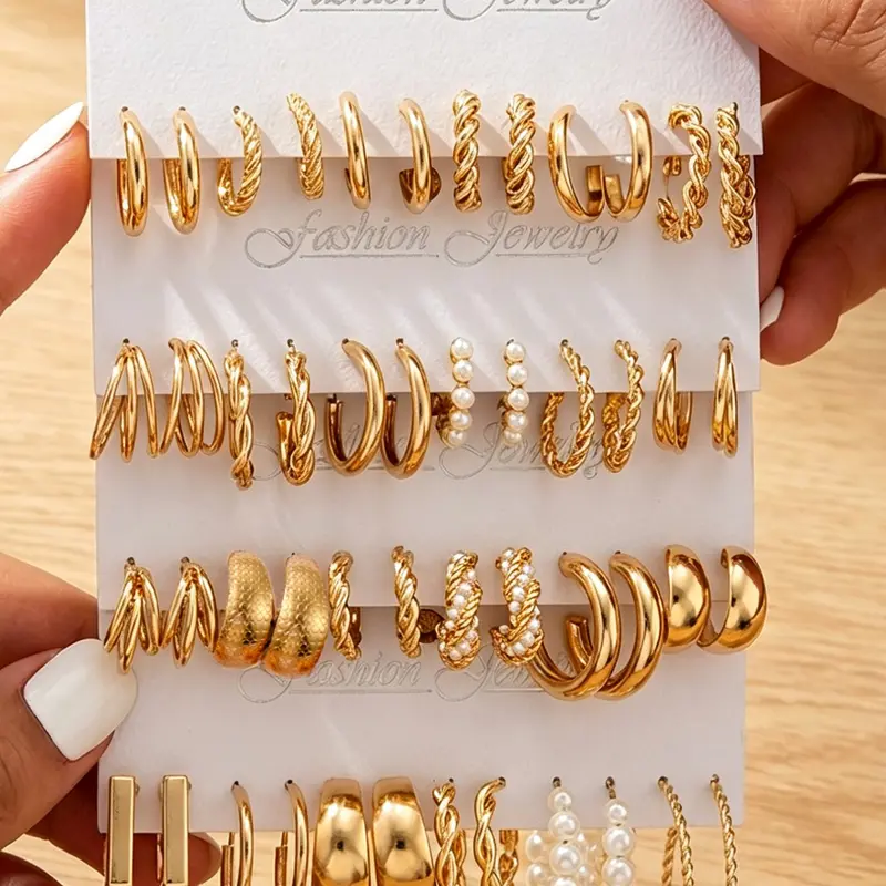 24 Paris Vintage Artificial Pearl Hoop Earrings Set, Thick Elegant Y2K Retro Jewelry for Parties, Vacations & Dates, Trendy Gift