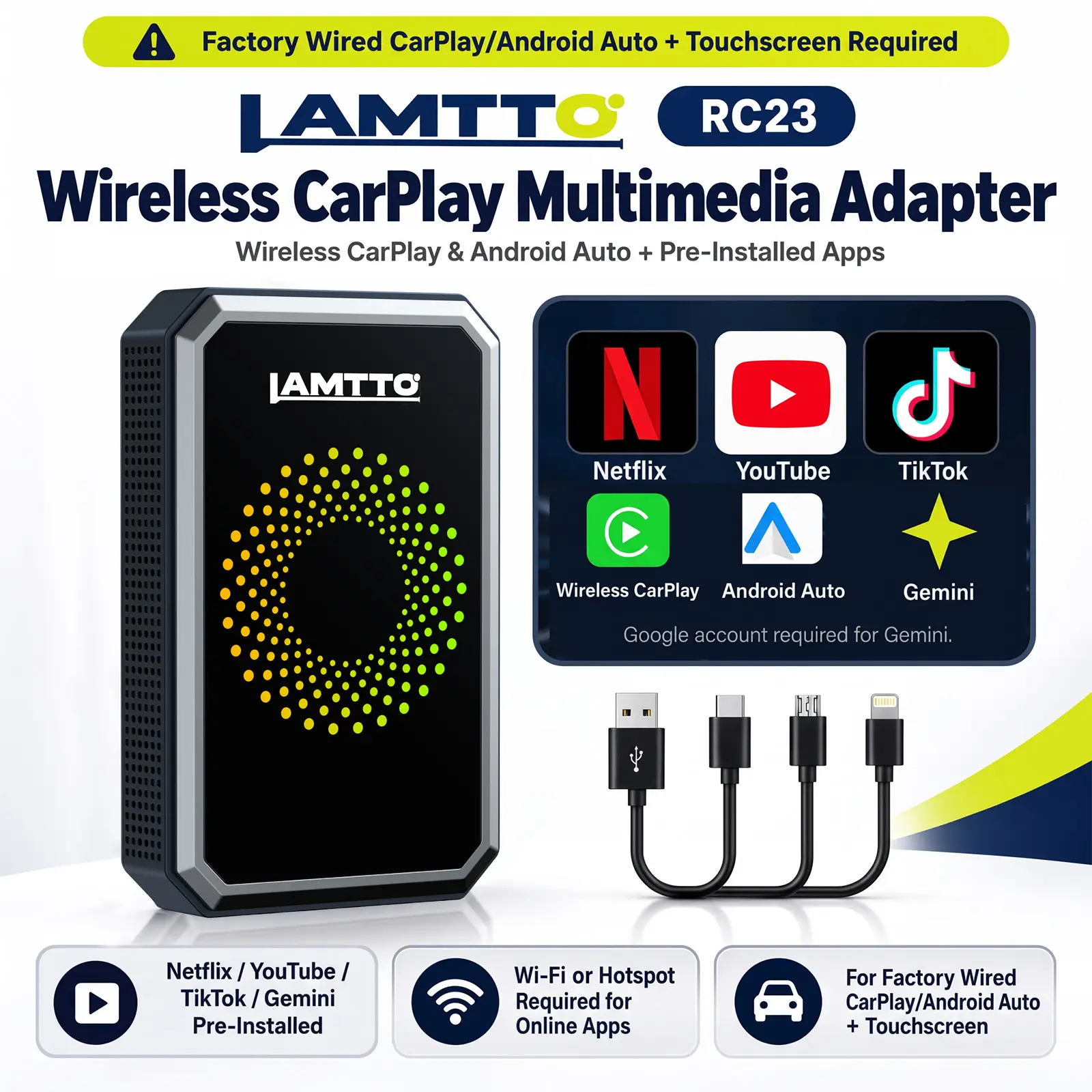 LAMTTO RC23 Wireless CarPlay Adapter for iPhone, for Factory Wired CarPlay Cars + Touchscreen, Netflix/YouTube/TikTok/Gemini Pre-Installed (Wi-Fi orHotspot Required, Personal App Login Required)