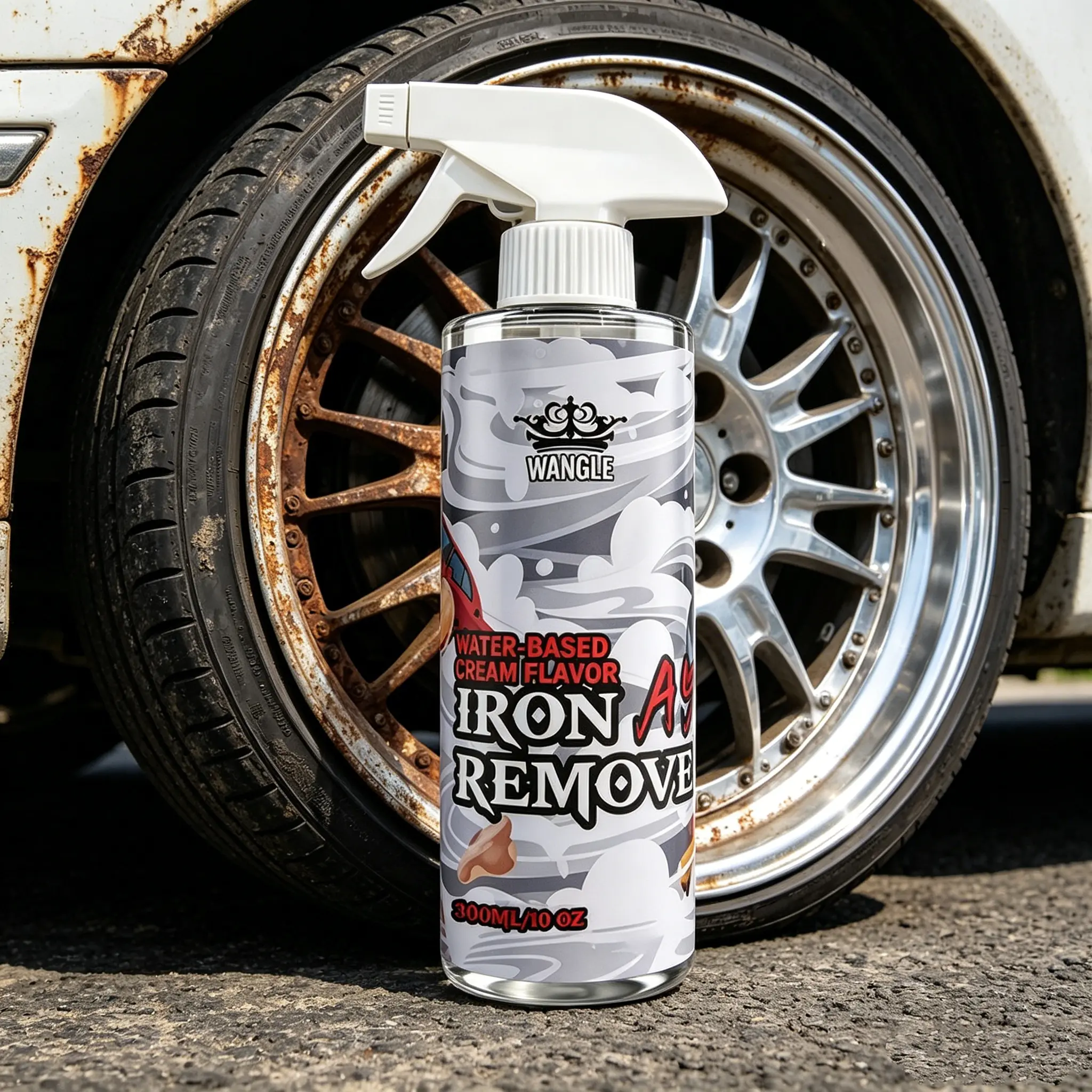 Automobile iron-removing spray can dissolve brake dust,rust and metal debris. It is suitable for use on paint layersand water-based detail cleaners.