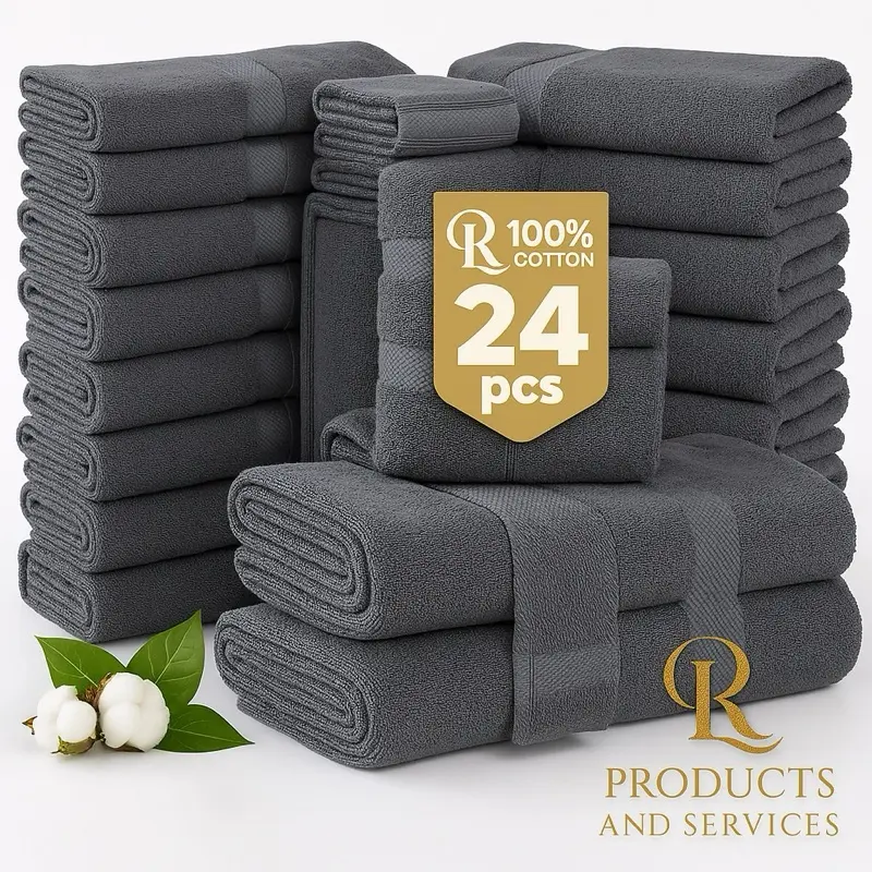 24 Piece Bath Towels Set - 100% Cotton Bathroom Towels, Absorbent Towels for Bathroom, -2 bath sheets (35" x 66"), 4 bath (28” x 54”) ,6 Hand Towels (16” x 26”), 8 washcloths (12” x 12”), 4 Finger tip towels (12” x 18”)