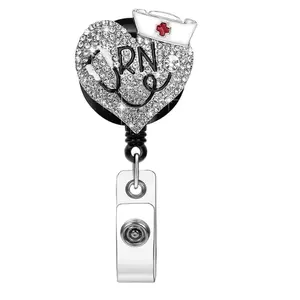 Blossom Nurse Badge Reel, 24'' Retractable Badge Holder with Swivel Alligator Clip Bling Rhinestone ID Badge Holder for Nurse Doctor Teachers Students Stethoscope 2 Badge Holder (White) Metal