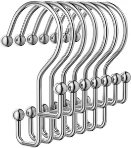 Shower Curtain Hooks, Silver Shower Curtain Hooks Rust Proof, Anti-drop Metal Shower Curtain Rings Hooks, Double Shower Hooks for Shower Curtain, Shower Rings for Curtain & Liner, Silver-12 Pcs
