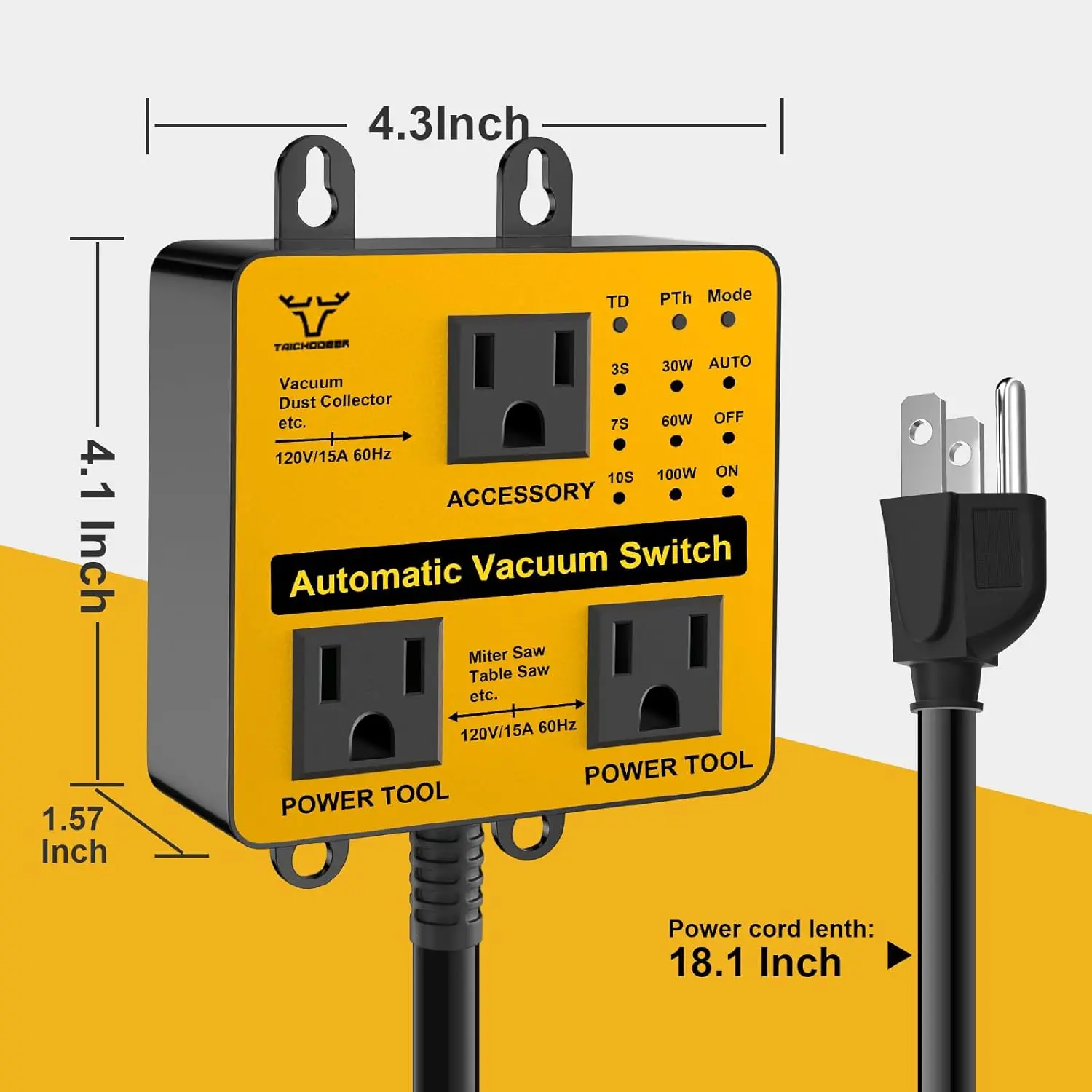 Upgraded Automatic Vacuum , Autoswitch for Dust Collector, Customizable Delay (3/7/10s) for Shop Vac, Adjustable Power Tool Trigger (30/60/100W), with Overload and Tripping Protection