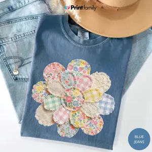 (Print) Comfort Colors Faux Quilted Patchwork Daisy T-Shirt, Floral Graphic Tee, Vintage Aesthetic Flower Top Cottagecore Patchwork Shirt - Printfamily