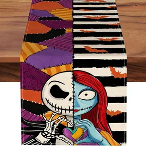 1 2D table flag, Halloween Jack tablecloth, black and white striped patch bat kitchen table decoration, fun holiday linen home decoration, indoor and outdoor party supplies
