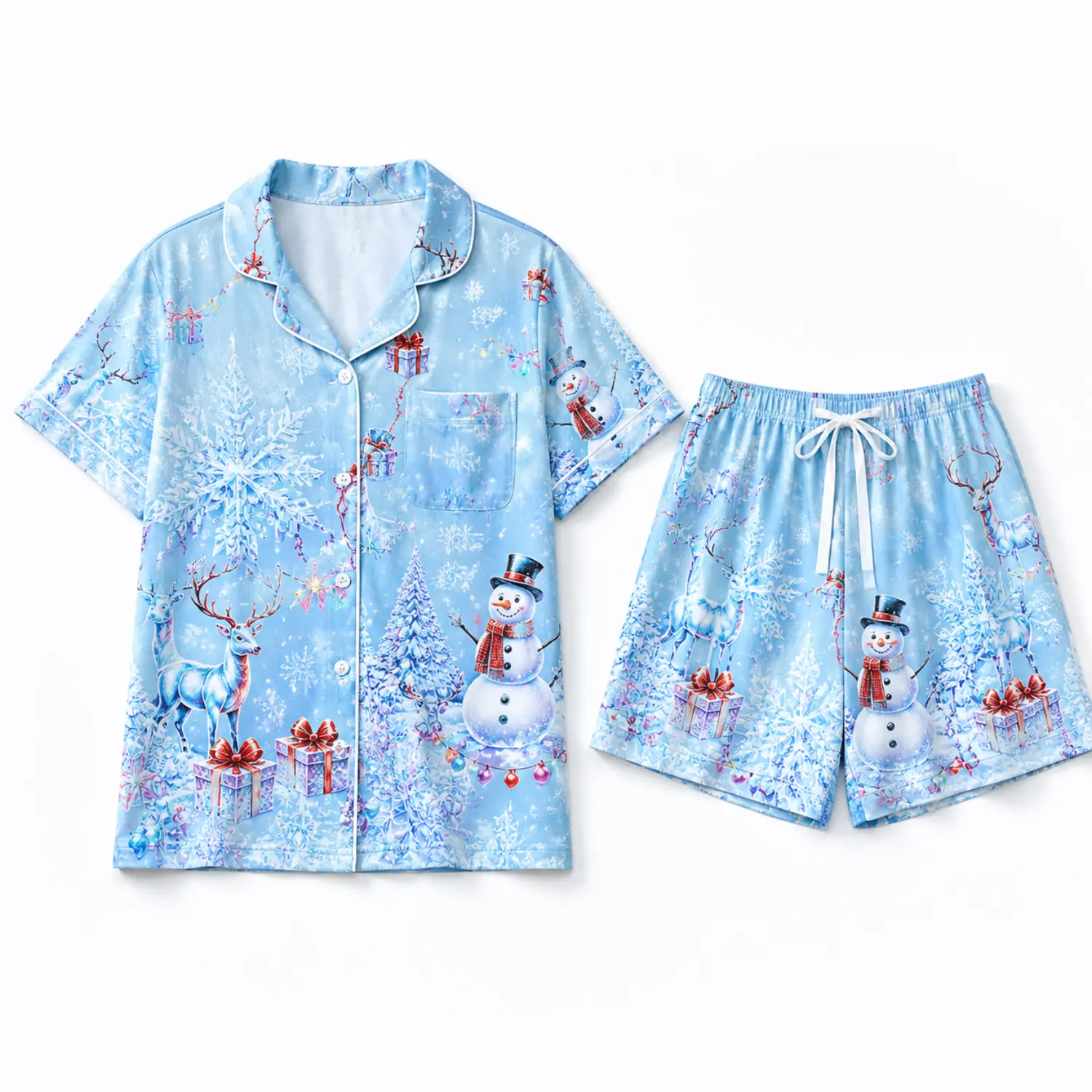 Light Blue Christmas Snowman and Reindeer Short Sleeve Pajama Set with Button Front Shirt and Drawstring Shorts