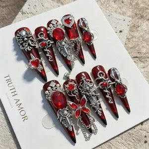 10Pcs TRUTH AMOR Red Black Gothic Stiletto Press On Nails 3D Silver Charm Red Zircon Cross Skull Butterfly Chain Design Reusable Easy Apply Daily Party Halloween Makeup ViralPressOnNails GothicNails VampireNails FakeNails NailArt