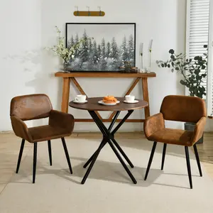 Homy Casa 3-Piece Modern Style Dining Set - Walnut Wood Round Table with Black Frame and 2 Armchairs