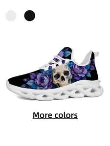 Dark Rose Skull Style - Unisex Cartoon Purple Rose & Skull Print Thick Sole Sneakers, Personalized Wear, Breathable & Non-Slip, Versatile for Daily Casual Wear