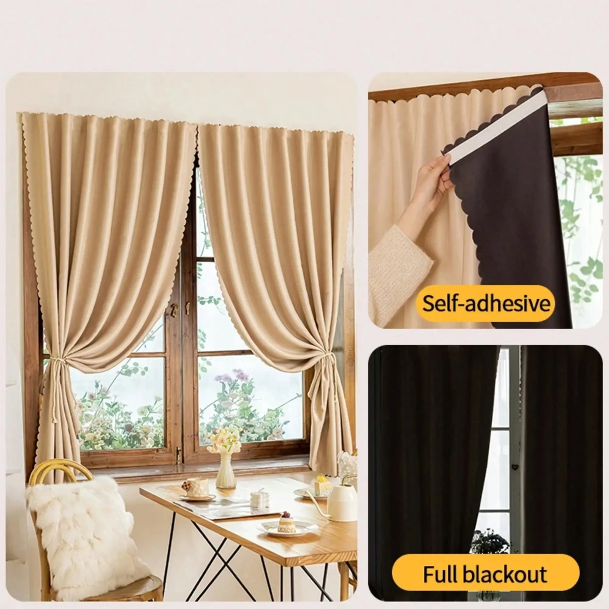 1 Piece 100% Light Blocking Sun Protection Thermal Insulated Window Curtain, No-Drill Magic Tape, Easy Install Lightweight Curtains, Polyester, Modern Minimalist Style