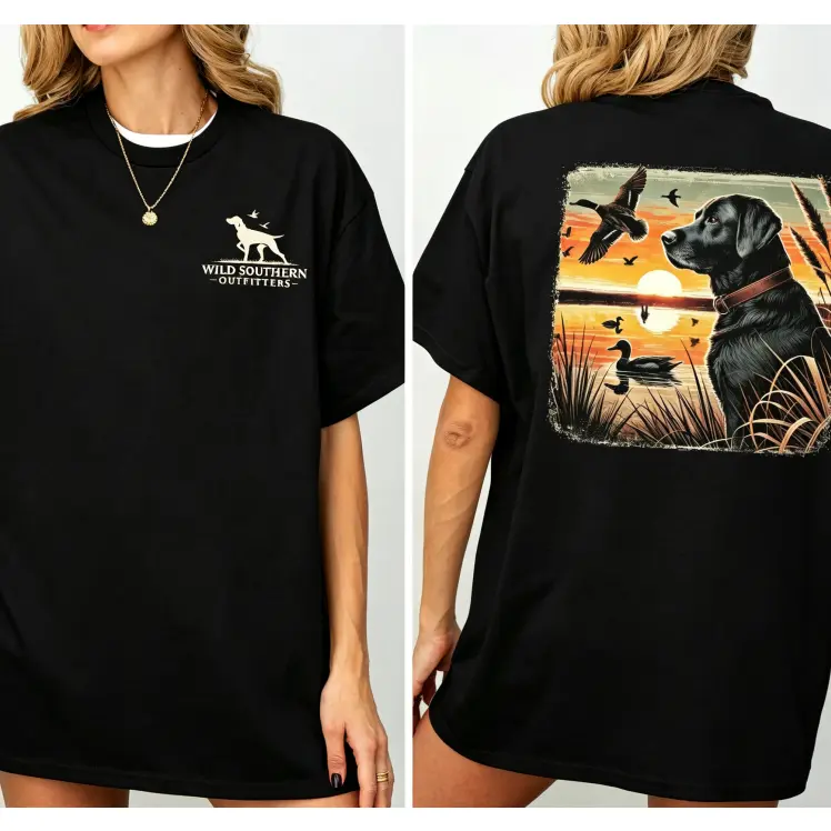 Women's Cotton Blend Short-Sleeve Round Neck T-Shirt - Dog & Duck Hunting Sunset Graphic, Casual Daily Sports & Outdoor Top, Shortsleeve, Tops