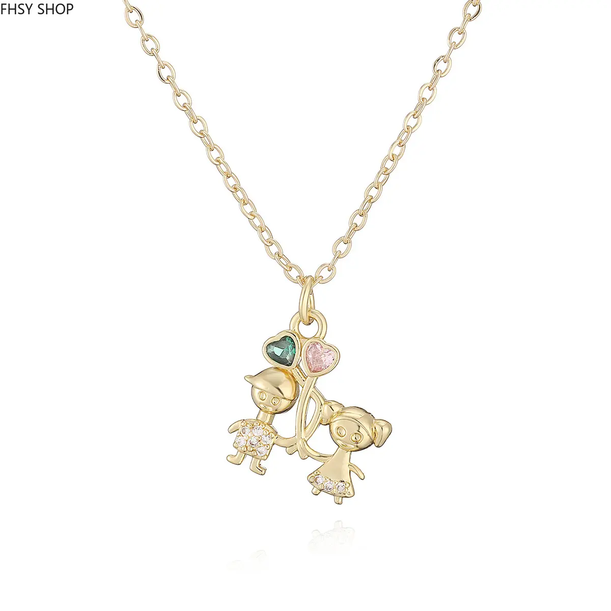 FHSY SHOP 14K Gold Plated Couple/Children Pendant Necklace with Colored CZ Hearts Cute Boy & Girl Charm Chain for Women, Love & Family Jewelry