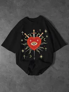 Men's Oversized Short Sleeve T-Shirt, Gothic Aesthetic Totem Print Design, Casual Fitted Graphic Tee, All Seasons Fashion