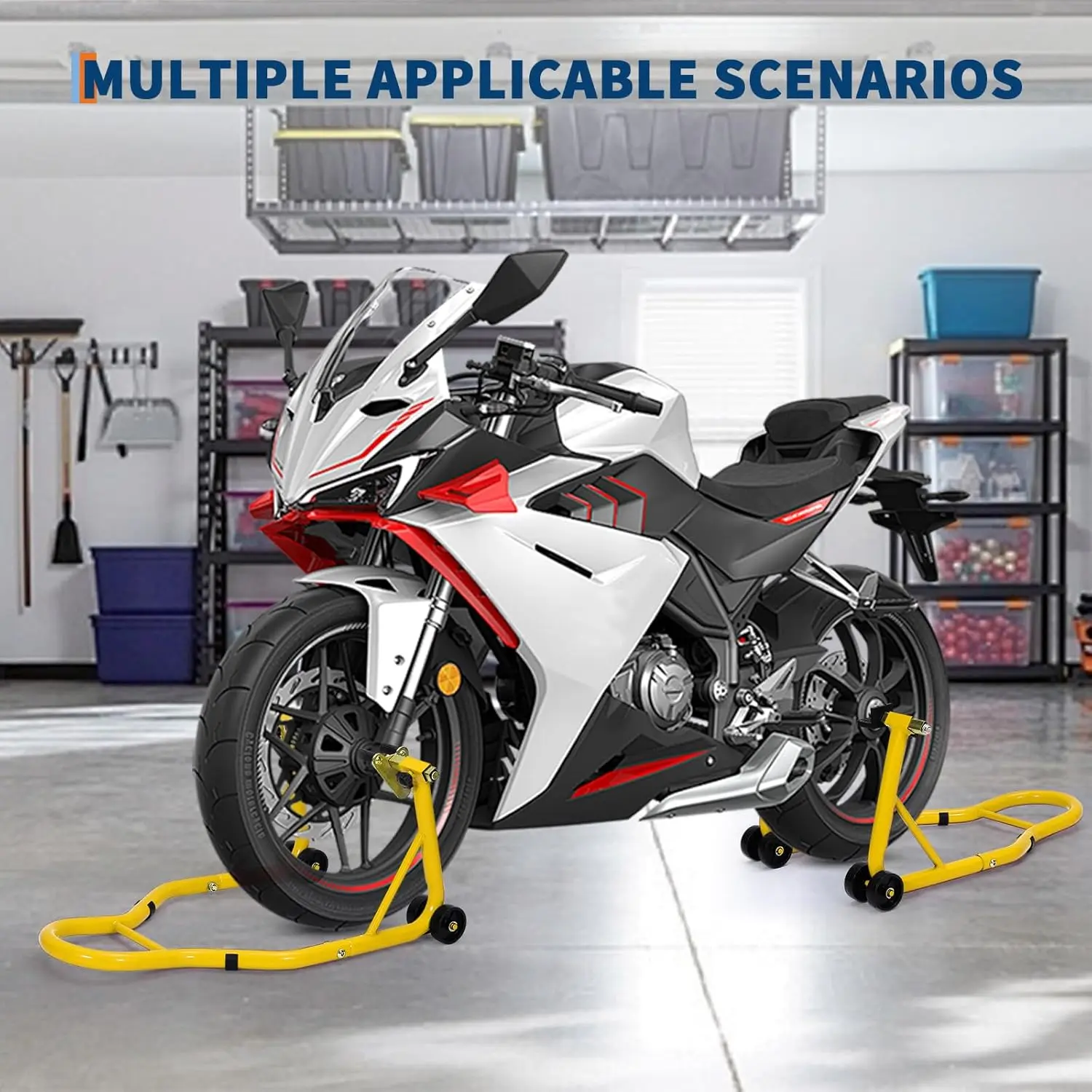 High Capacity Motorcycle Stand Lift Set, 900 Lb Front & Rear Wheels Lift with U-L Adjustable Swingarm Spool for Bike Repair & Maintenance