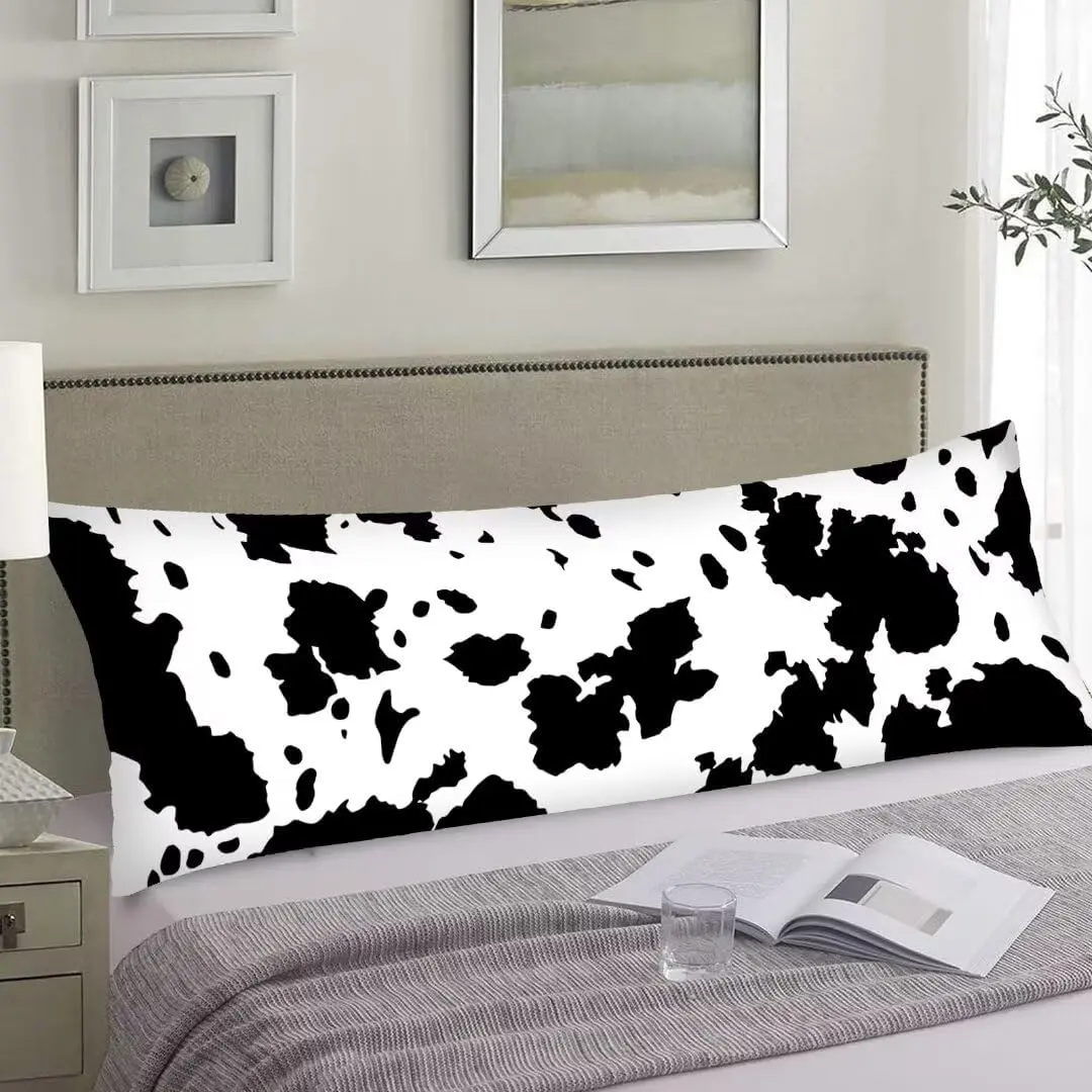 Pillow Cover Black and White Cow Cowhide  Printed Farmhouse Western Decorative Soft Cushion Long Pillowcase with Zipper Rectangle Pillow Cases for Bedroom,Couch,  20"x54"