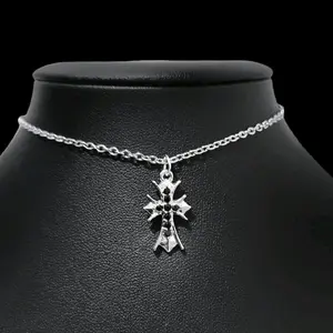 Black Rhinestone Cross Choker Necklace Religious Pendant