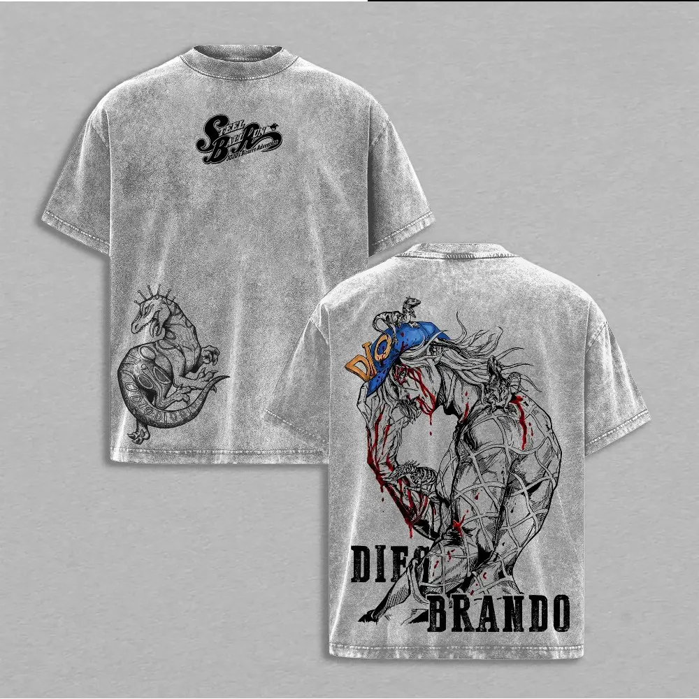 Unisex Fit Oversized Cut Diego Brando Washed Round Neck Short-Sleeve Tshirt - Menswear, JoJo’s Bizarre Adventure Steel Ball Run Scary Monsters Dinosaur Stand Anime Theme, Bold Graphics, Double Printed Heavy Cotton Baggy Gym Streetwear Top
