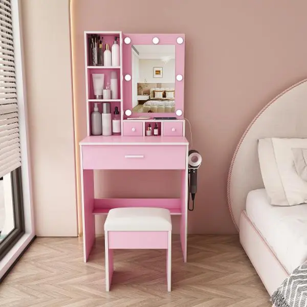 Vanity Table with Mirror & Adjustable LED Lights, Power Outlet, Hairdryer Holder & Stool – Compact Dressing Desk for Small Bedrooms (Pink)