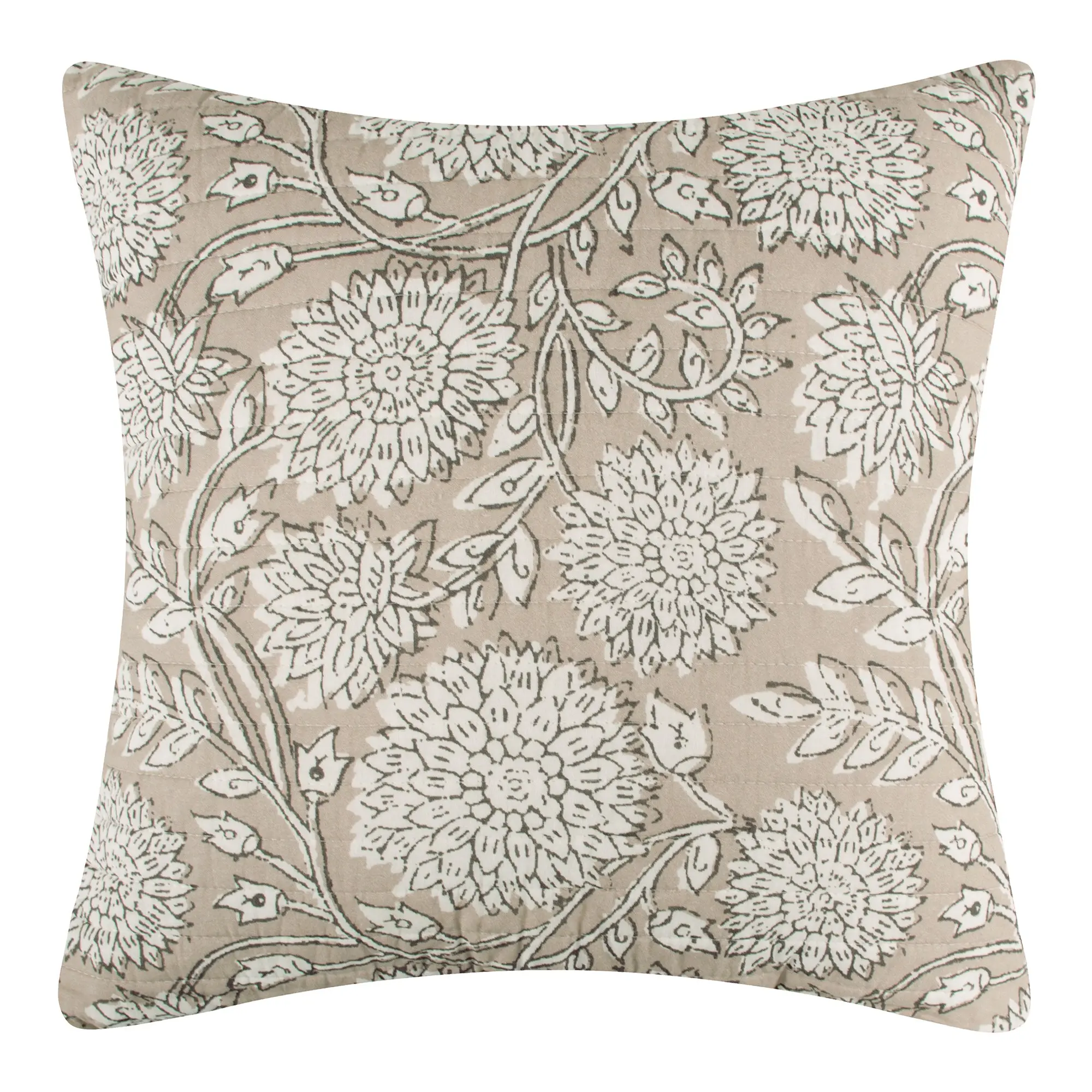 Adare Taupe Quilted Square Pillow - 18x18 in Quilted Cushion with Removable Feather Fill Insert
