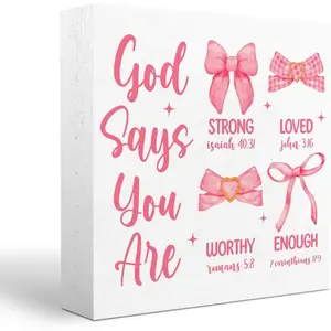Coquette Dorm Decor, Preppy Pink Bow Bowknot Christian Decor Inspirational Bible Verses Sign Scripture Wooden Box Sign Plaque Table Decorations Vintage Plaque Decor for Home Farmhouse Room God Say You Are 5x5inch Plaque Gift