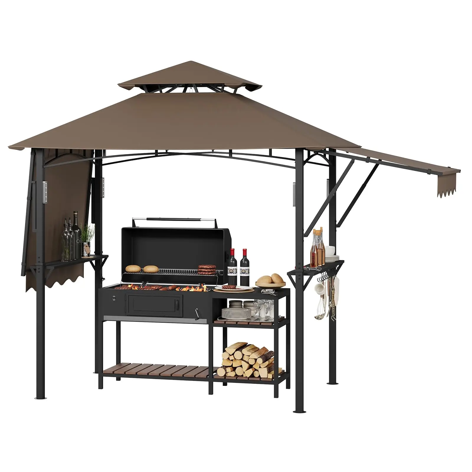 8x5 Outdoor Grill Gazebo BBQ Canopy with Adjustable Dual Side Awnings, Vented Double Tier Roof, Heavy Duty Shelter with 10 Hooks, Ceiling Light Hook 4 LED Lights for Patio Backyard