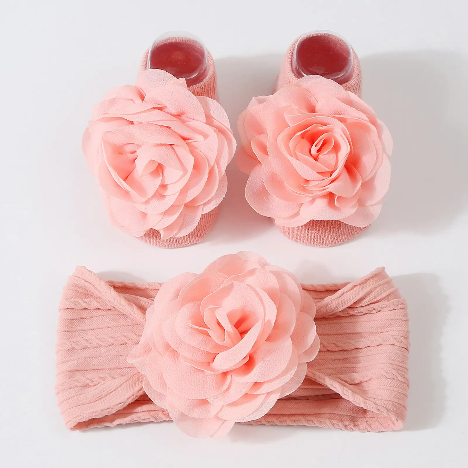 Newborn Baby Girl Flower Socks Soft Knitted Socks with Elastic Flower Headband for Wedding Party