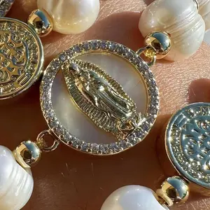 Our Lady of Guadalupe Pearl Bracelet – Freshwater Pearls, 18K Gold Plated, CZ Accents, Adjustable Cord