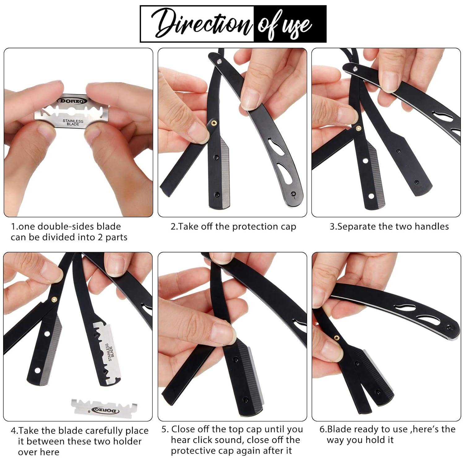 Professional Straight Edge Barber Razor w/ 100 CROWN Single Edge Razor Blades | Straight Razors for Men | Barbershop Accessories | Mens Shaving Knife & Shavette - Black