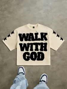 Men's 'Walk With God' Boxy T-Shirt | Oversized Fit, Relaxed Fit, Star Sleeve Print | Trendy Streetwear Essential | Perfect for Casual Daily Wear & Urban Style Enthusiasts | Menswear