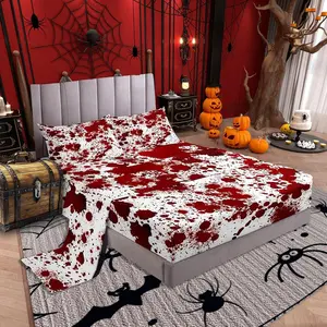 Red Tie Dye Bottom Sheet,Halloween Decor Bedding Set,4pcs for Kids Teens Boys Bedroom,Gothic Horror Style Sheet Set,Cartoon Hand Painted Graffiti Fitted Sheet+Flat